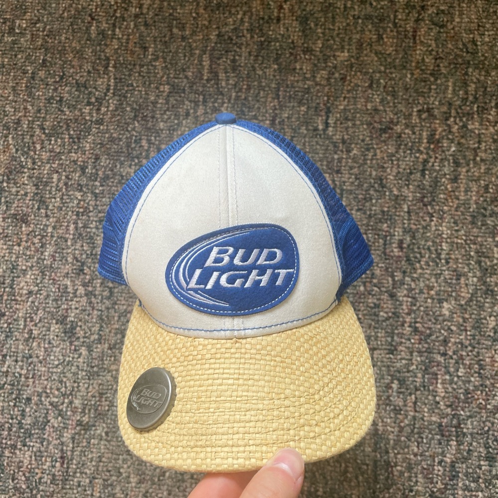 Bud Light Trucker Hat Blue White Mesh‎ Snapback with Bottle Opener Straw Brim